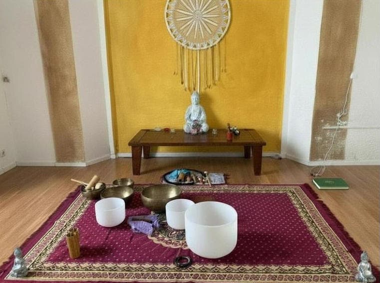 Rossella De Luca circondata da campane tibetane e di cristallo olistiche